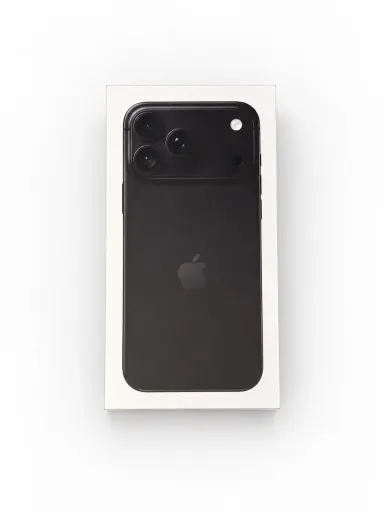 iPhone-Verpackung mit Abbildung eines schwarzen iPhones vor weiß-hellgrauem Hintergrund